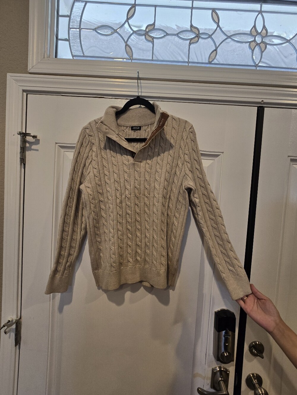 Beige Cable Knit Button-Up Mock Neck Sweater - Picture 3 of 6